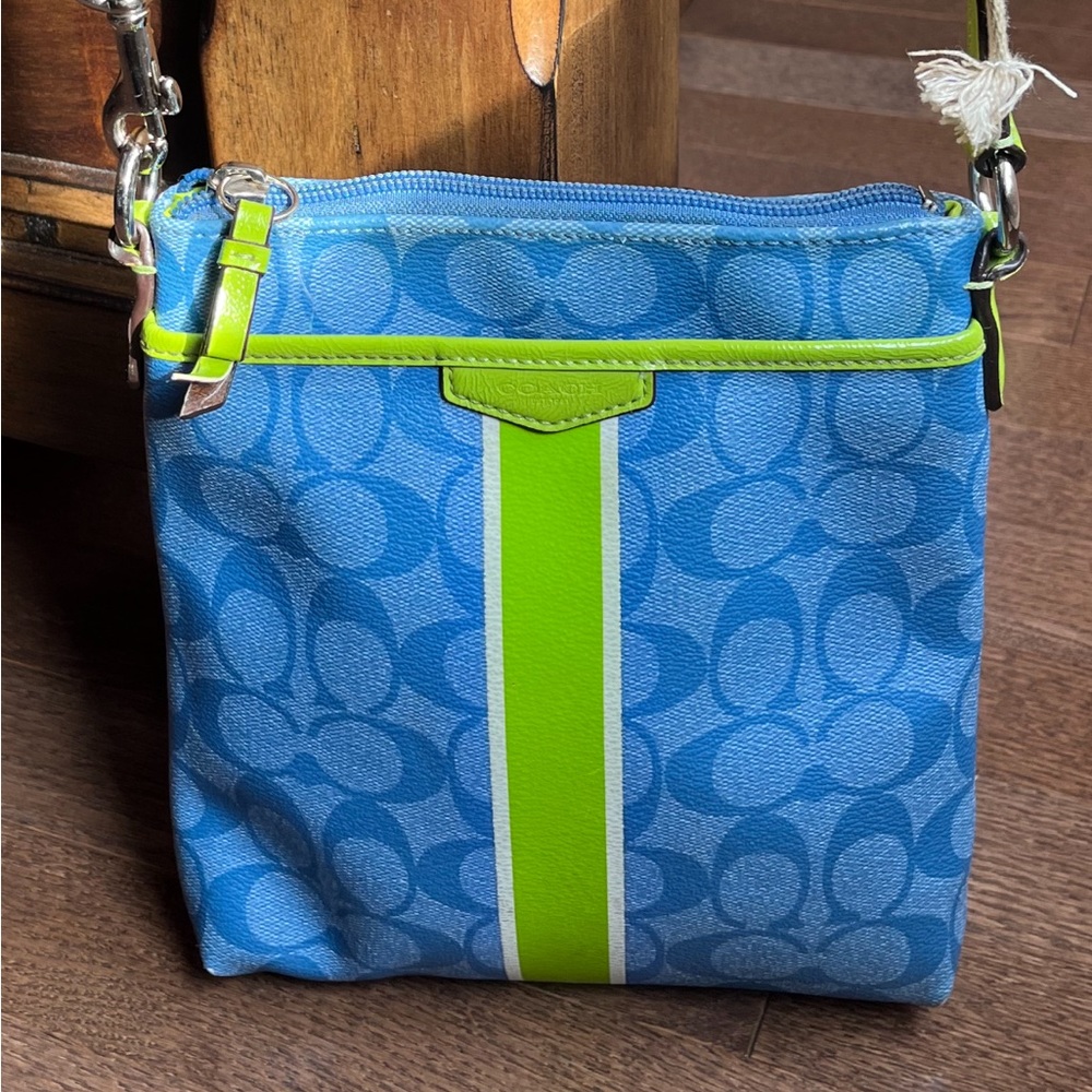 Coach Signature Stripe Carryall Bag in Blue and Lime Green